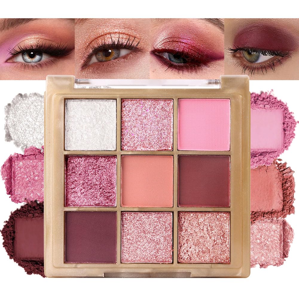 9 Colors Pink Eye Shadow Palettes,Nude Rose Gold Champagne Plum Eyeshadow Palette for Older Women,Natural Powde Eye Shadows Waterproof Long Lasting Naturing-Looking,Travel Size Makeup Pallete