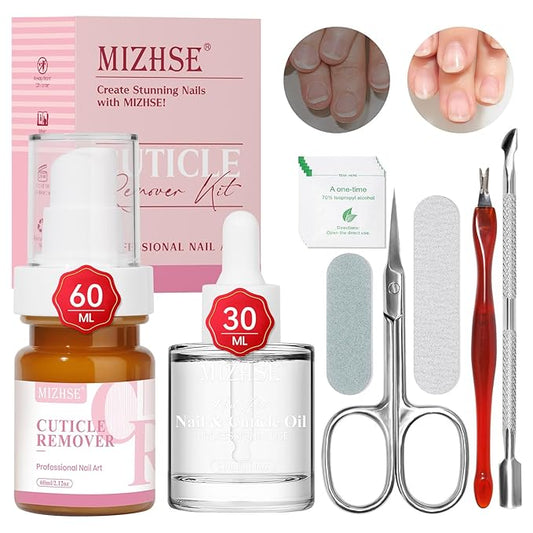 MIZHSE Cuticle Remover & Oil Care Set - 90ml Cuticle Softener & Moisturizer Manicure Kit with Remover Cream, Oil, Trimmer/Nipper/Pusher Set for Nail Salon & Home Use