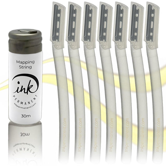 Ink Permanent Face Razors for Women with White Brow Mapping String Kit, 7 Eyebrow Razors with Pre-Inked Mapping String for Facial Hair Removal for Women, Brow Mapping Kit, Eyebrow Razor