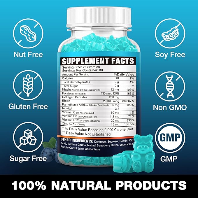 Vegan Biotin Gummies for Hair, Skin & Nails - 20,000 mcg per Serving, Suitable for Women & Men - 60 Gummies