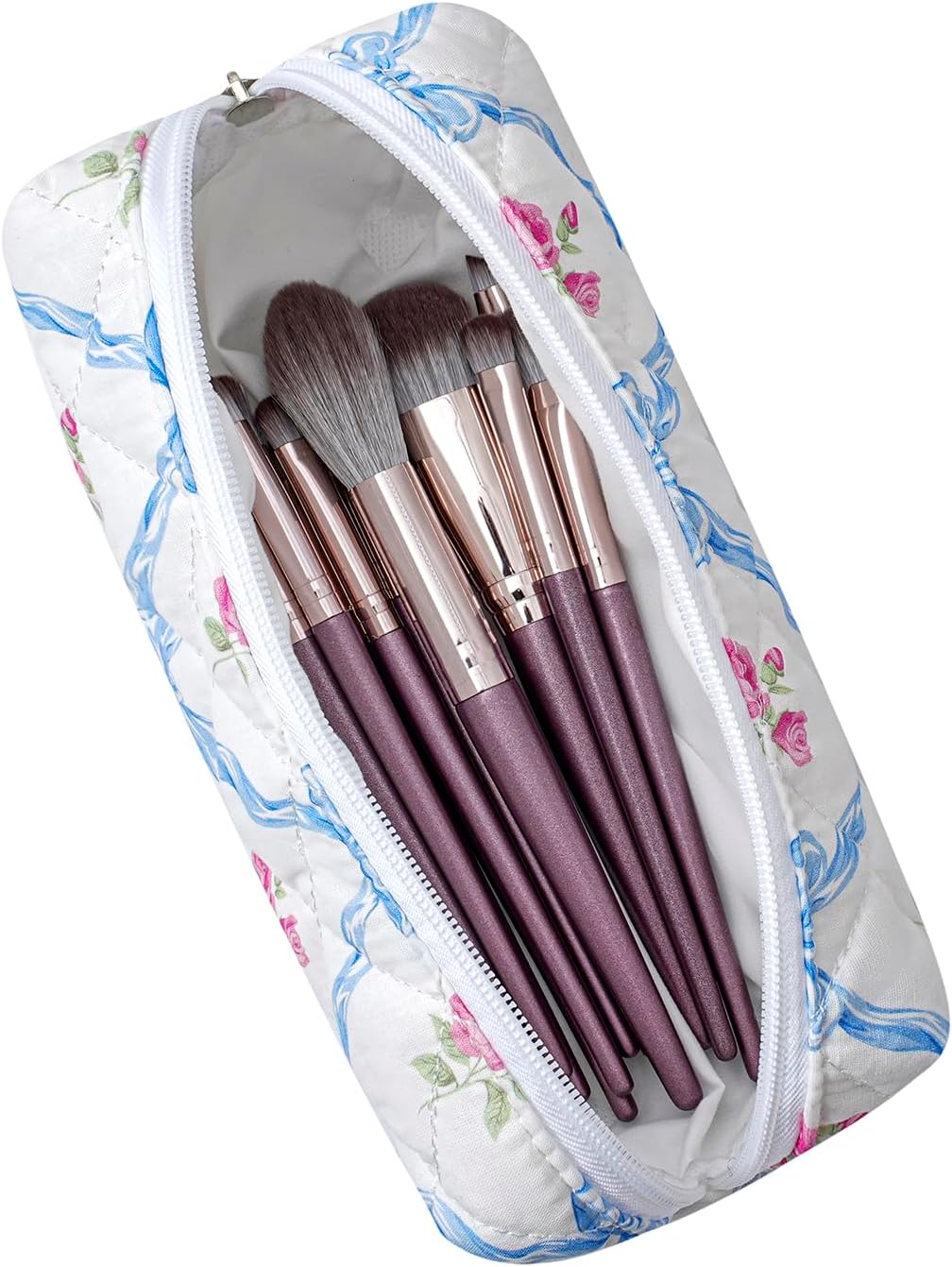 Cute Floral Cotton Makeup Brush Cosmetic Bag for Women, Travel Quilted Zipper Make Up Bag, Flowers Toiletry Organizer Case Kawaii Makeup Cosmetic Travel Cloth Pouch (Blue Bowknot)