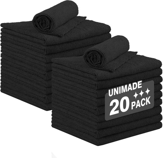 Shop Towel Rags, 20 Pack Reusable Shop Rags Bulk Microfiber Cleaning Cloth Lint Free Cleaning Towels for Car Kitchen Automotive Bar Mechanic Restaurant Garage, 11.5"x 11.5", Black
