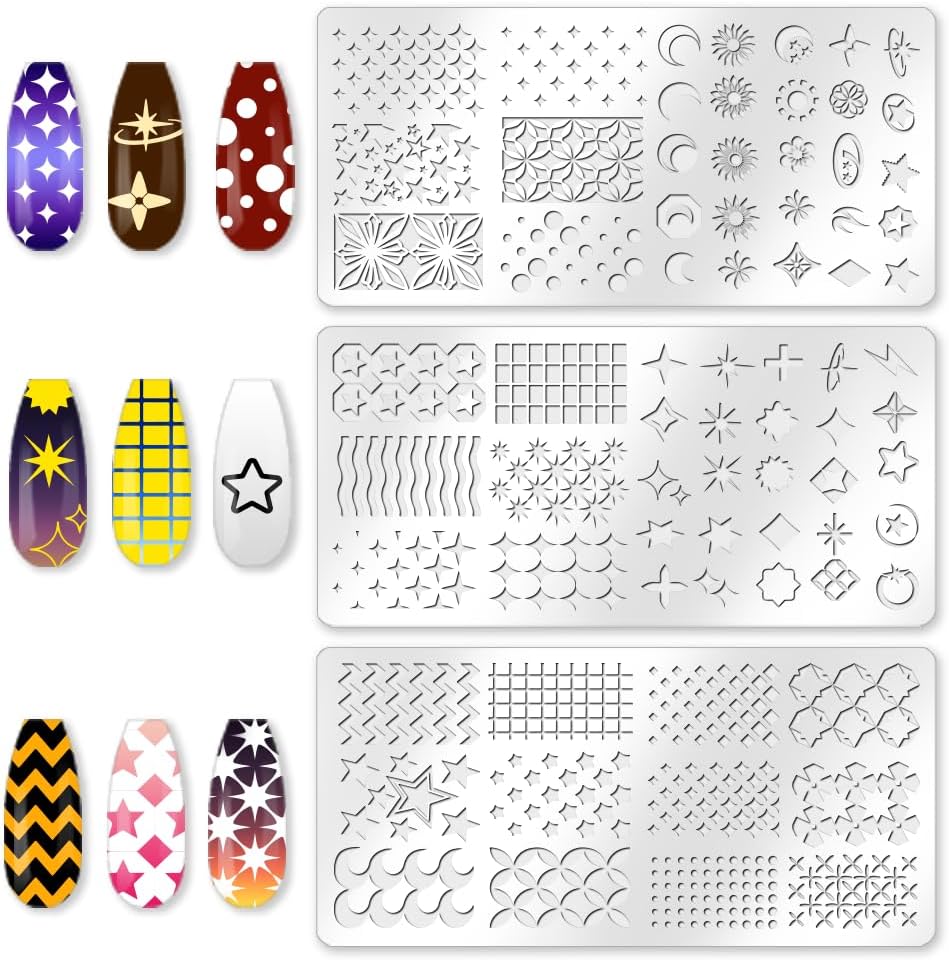 benikmake 3pcs Star Moon Nail Stamp Template Star Gradient Nail Printing Stainless Stencil for Manicure Salon Classic Elements 6x12cm 2.36x4.7inch