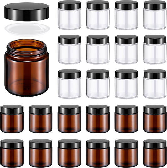 Norme 24 Pcs 4 oz Glass Jars with Lids Leakproof Round Airtight Empty Cosmetic Jars with Inner Liners Lid for Storing Lotions Powder Ointments Candle Making Tins (Black,Amber and Clear)