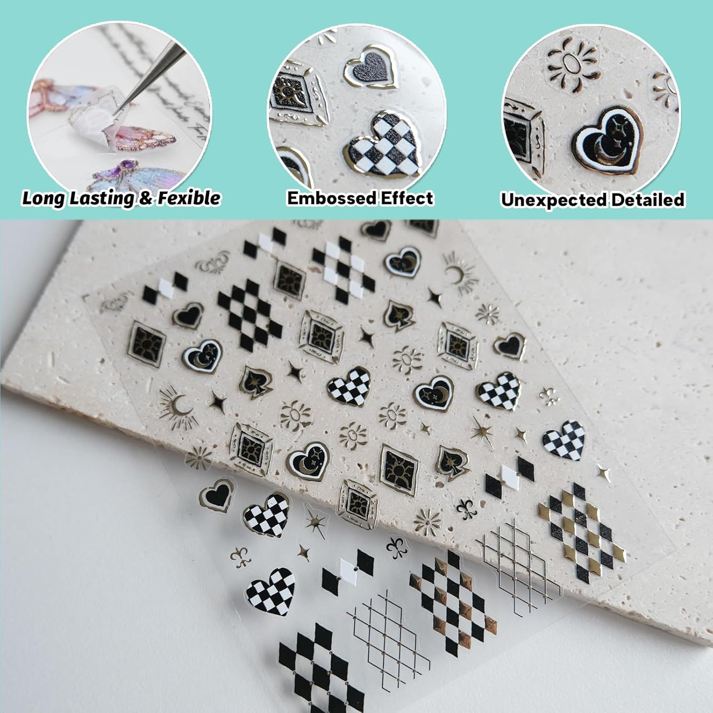 Black White Plaid Nail Stickers, Embossed Decals for Art Design, Self-Adhesive Accessories for Women, Nail Supplies