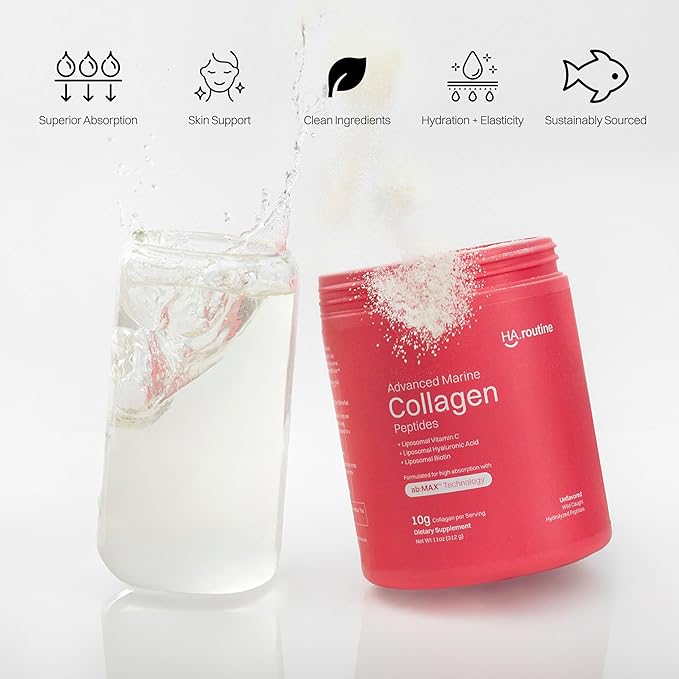 Advanced Marine Collagen Powder Plus Liposomal Vitamin C, Hyaluronic Acid & Biotin, Sugar-Free Type I Collagen Supplement for Skin, Hair, Nails, Joint & Gut Health - 30 Servings, Unflavored