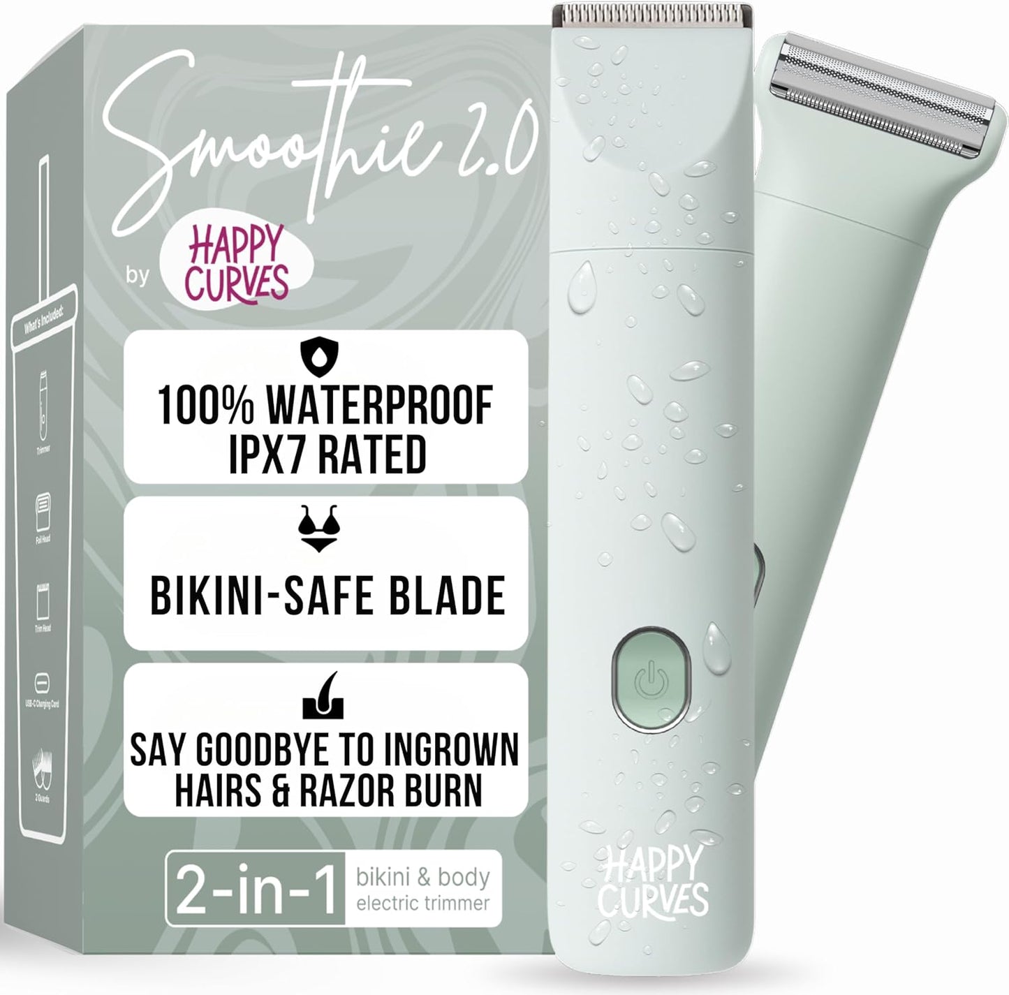 HAPPY CURVES Smoothie 2.0 Bikini Trimmer - Electric Razor for Women, Waterproof Hair Groomer with Adjustable Guards, Personal Shaver for Pubic Hair, Ladies Intimate Shaver and Body Trimmer (Mint)