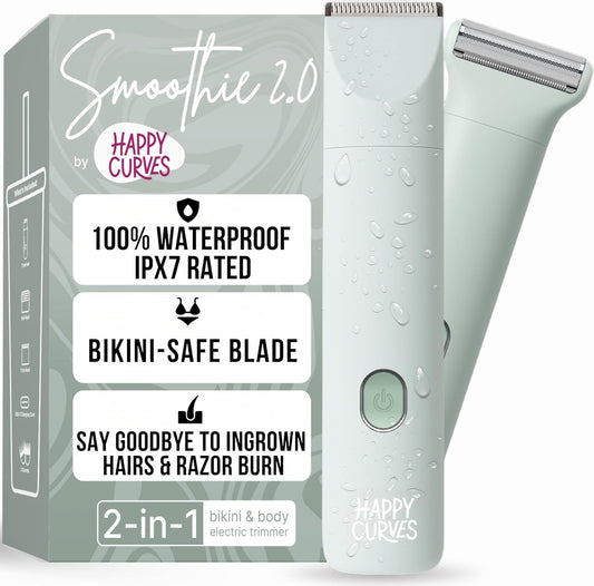 HAPPY CURVES Smoothie 2.0 Bikini Trimmer - Electric Razor for Women, Waterproof Hair Groomer with Adjustable Guards, Personal Shaver for Pubic Hair, Ladies Intimate Shaver and Body Trimmer (Mint)