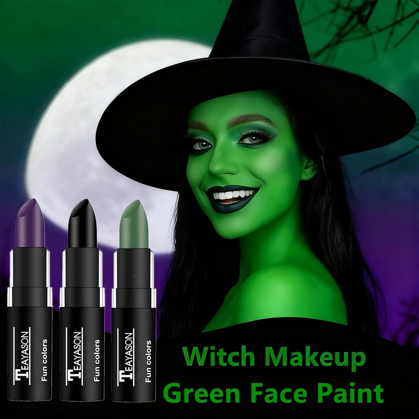 Go Ho 3 PCS Dark Purple Green Black Cream-Blendable Sticks,Waterproof Green and Purple Face Body Paint Professional SFX Makeup,Safe Facepaint &Lip Smacking for Festival Halloween Witch Makeup