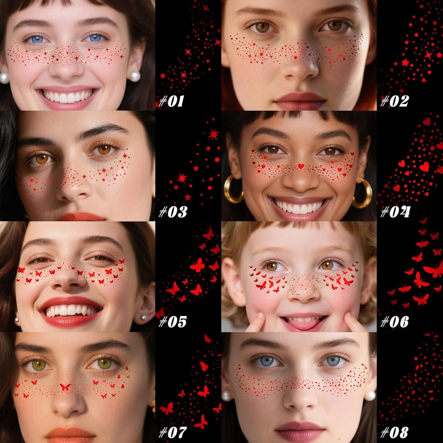 10 Styles Red Glitter Freckles Face Tattoo, Waterproof Sparkle Cute Star Butterfly Face Glitter Speckles Patches for Women, Metallic Temporary Tattoo Halloween Accessories Makeup for Rave