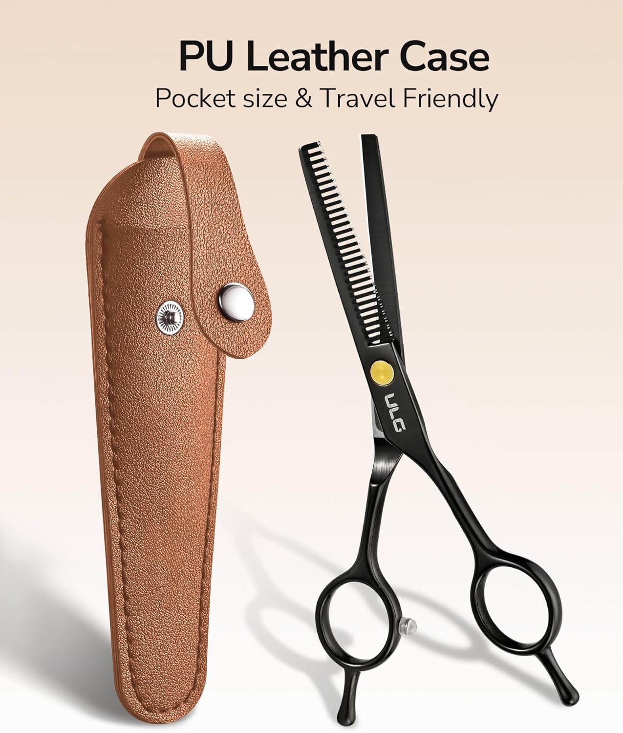 ULG 6.5'' Professional Texturizing & Thinning Shears with PU Leather Case, Ultra Sharp Japanese Stainless Steel, Ambidextrous Ergonomic Handle for Barbers, Stylists, Salon & Home Use, Black