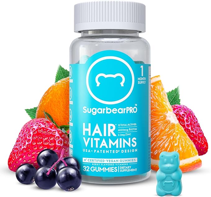 Sugarbear Hair Vitamin Gummy 1 Month Supply Extra Strength Biotin 6000mcg, Growth for Men & Women, Vegan Vitamin B12, MSM, Inositol, Omega 3, Elderberry, Certified Kosher, Halal, Cruelty-Free