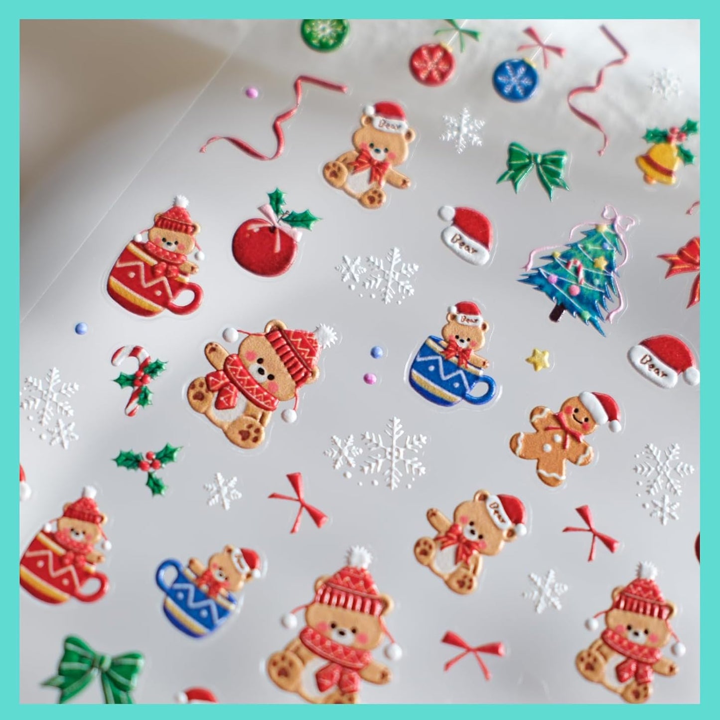 Christmas Bear Nail Stickers, Embossed Decals, Cute Design, Accessories for Women, Self-Adhesive Nail Art Supplies