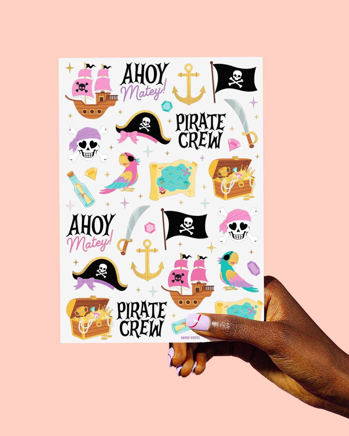 xo, Fetti Pirate Crew Temporary Tattoos - 48 Gold Foil Pcs | Birthday Accessory, Girl Treasure Hunt Decorations, Kids Ahoy Party Favor, Cute Pink Activity