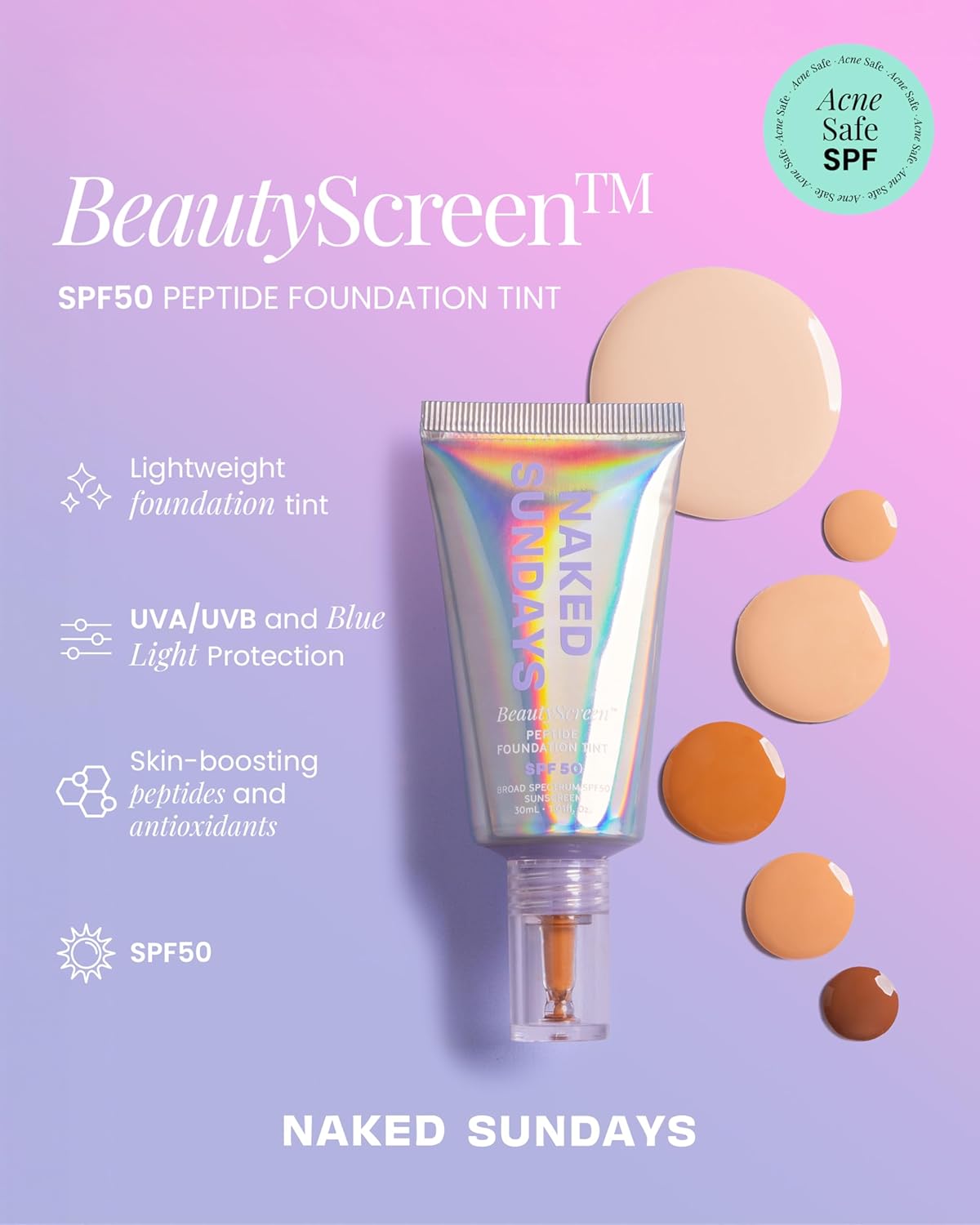 Naked Sundays BeautyScreen™ SPF 50 Mineral Peptide Foundation Tint – 2-in-1 Skin Tint & Mineral Sunscreen | Radiant, Buildable Coverage, Acne-Safe, Infused with Peptides (5 Tan Honey, 1.01 oz)