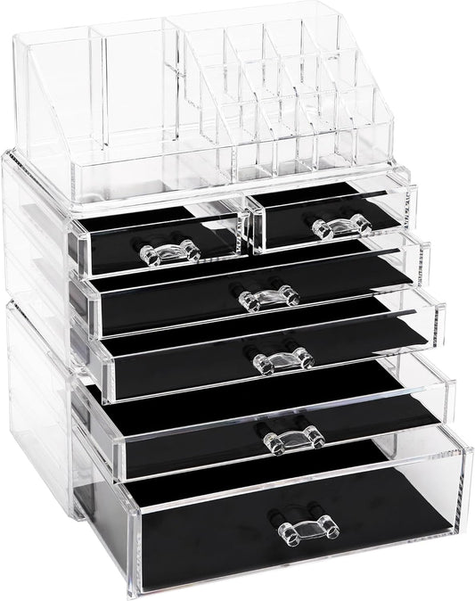 Sea Team 3-Layer Stackable Clear Makeup Organizer with Drawers, Acrylic Plastic Cosmetic Display Case, Jewelry Storage Box for Dresser, Bathroom, Vanity, Countertop (6 Drawers, 1 Lipstick Holder)