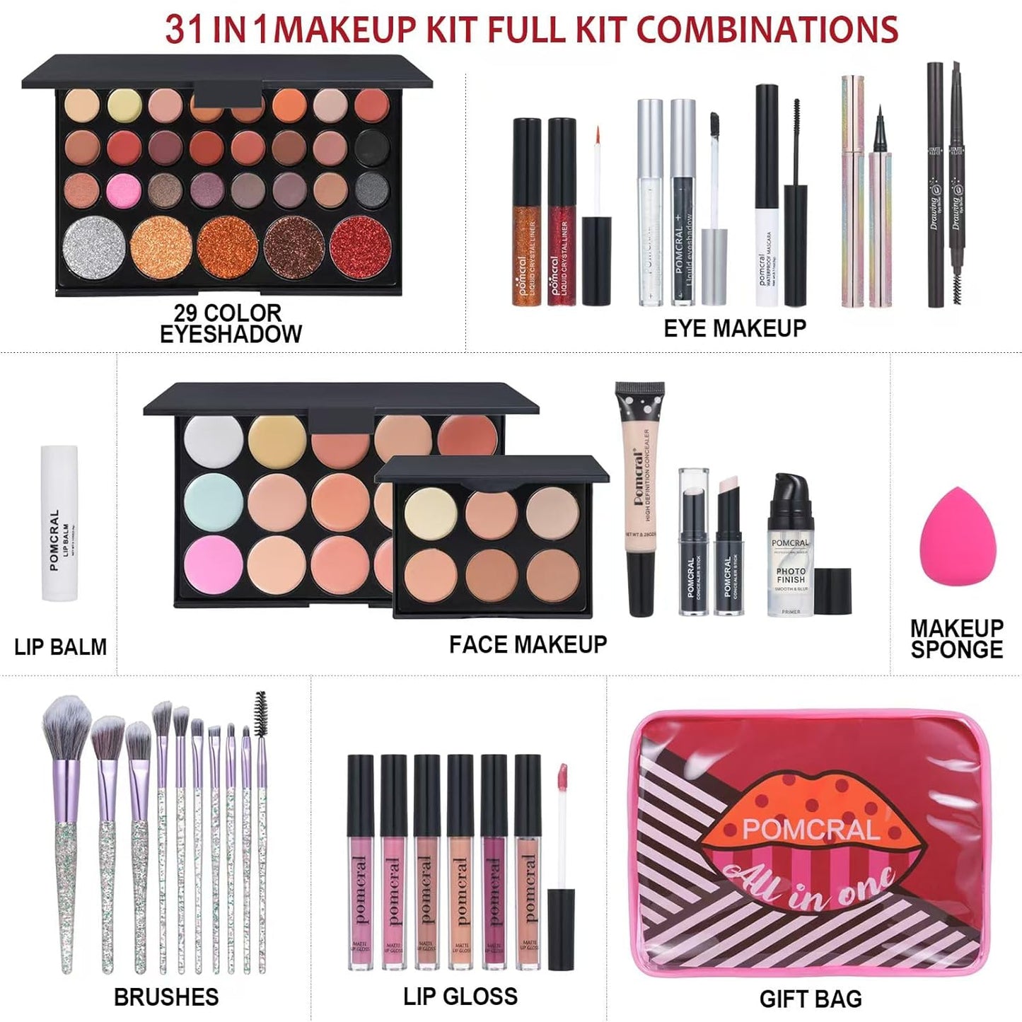Makeup Kit For Women Full Kit Eyeshadow Eyeliner lipgloss, Lipstick Makeup brushes Mascara Eyebrow pencil Concealer Face Powder Primer make up Set For Girls Beginners