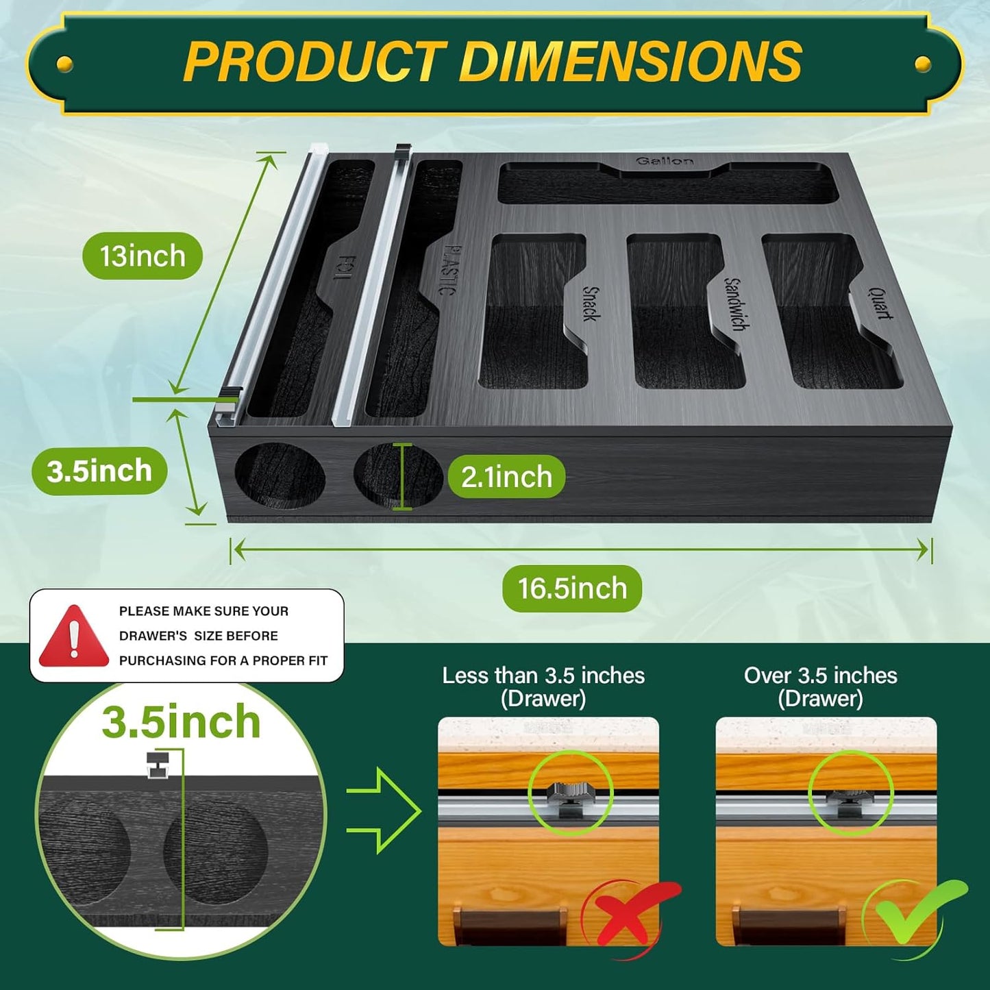 KOCWELL Bag Organizer & Plastic Wrap Dispenser with Cutter, 6 In 1 Bamboo Foil & Plastic Wrap Organizer for Kitchen, Food Storage Bag Organizer