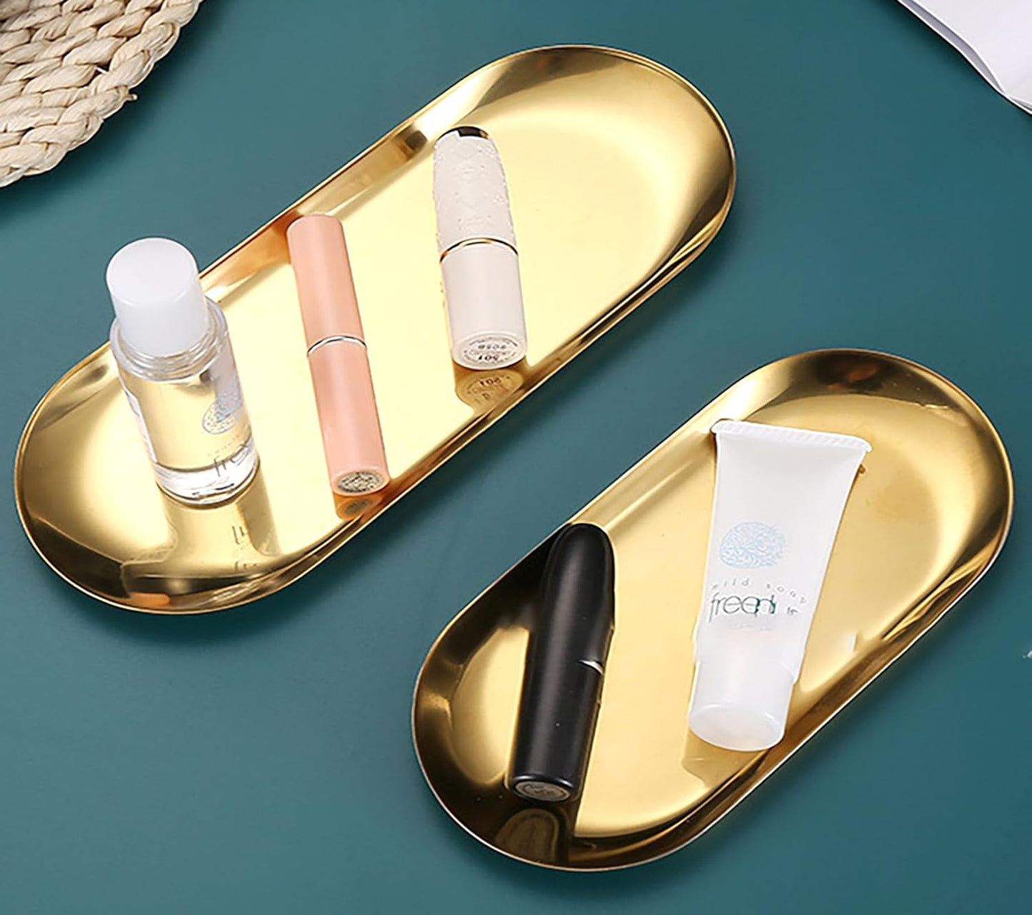 YIKANGHENG 4 Pcs 9 Inch x 3.7 Inch Gold Stainless Steel Trinket Tray, 110g