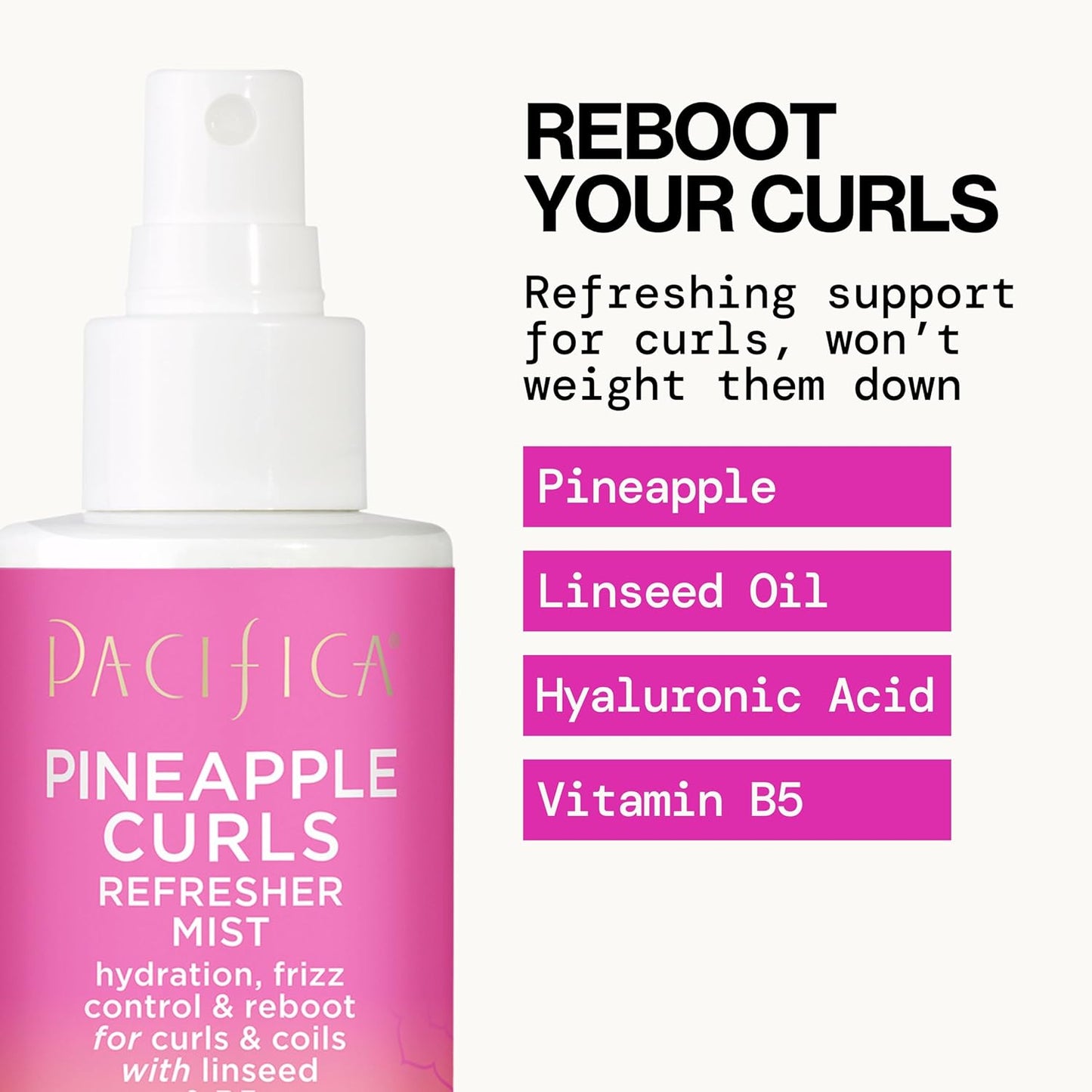 Pacifica Pineapple Curls Refresher Mist Frizz Control Spray & Curly Hair Enhancing -w/Hyaluronic Acid Vitamin B5 & Natural Plant Oils Revitalizes Curls - Vegan Cruelty Free Dermatologist Tested