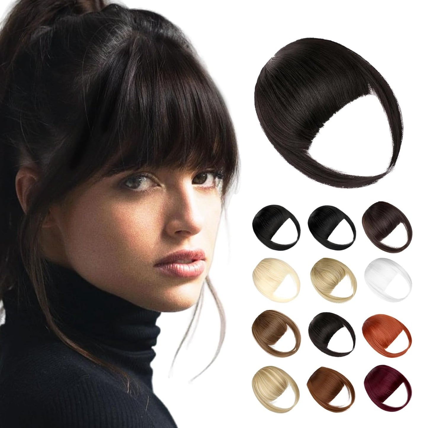 Bangs Hair Clip in Bangs, Fake Bangs Natrual Clip on Bangs Dark Brown,Faux Bangs Easy Clip in Hair Extenisons,French Bangs Fringe with Temples Hairpieces Curved Bangs for Daily Wear
