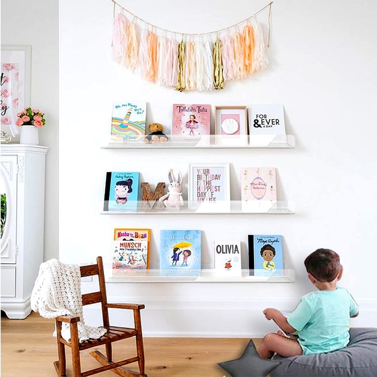 24 inches Wall Mounted Kids Bookshelf, Clear Acrylic Display Book Shelves for Kids Room Nursery Toddler Classroom 2 Packs