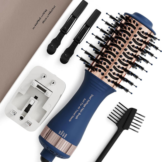 Dual Voltage Travel Hair Dryer Brush, 2 Inch Oval Hot Air Brush, One Step Travel Hair Styler/Volumizer/Straightener/Curler, European Blow Dryer Brush with Universal Adapter