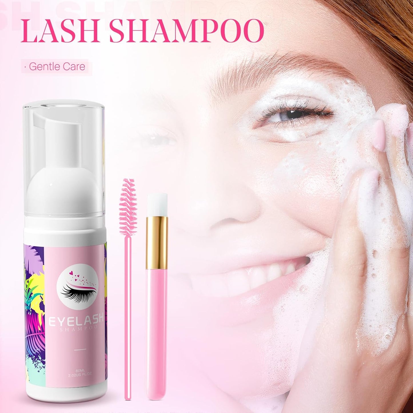 Lash Shampoo for Lash Extensions 60ml Eyelash Extension Cleanser Lash Shampoo Cleaning Kit with Shampoo Brush & Mascara Brush-No Irritating Foaming Eyelash Makeup Remover for Home Salon Use