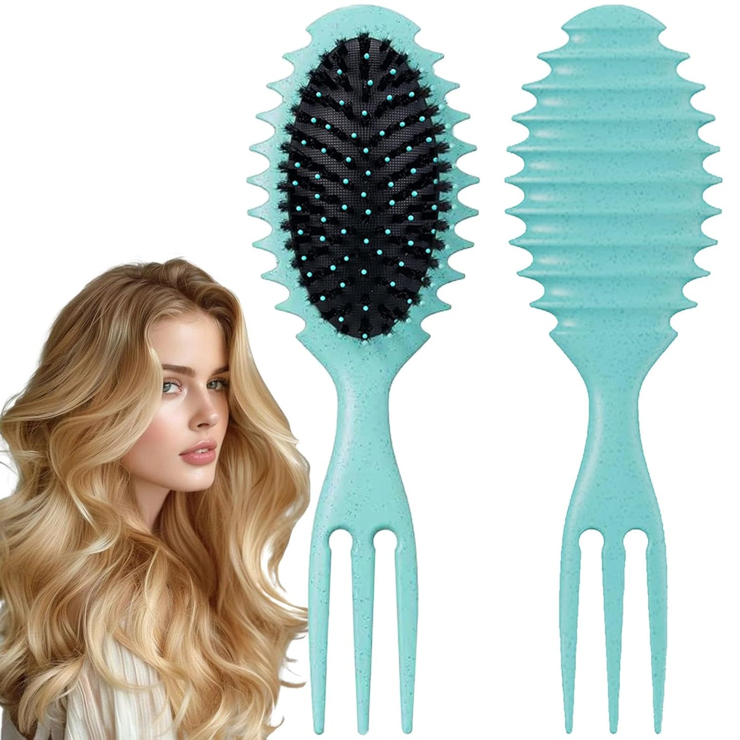 Curly Hair Boar Bristle Curl Defining Brush for Wave Straight Hair, Unique Trident Handle Design Defineing Brush for Wet Dry Hairs Styling Massage Hairbrush Hairs Pick Comb Green