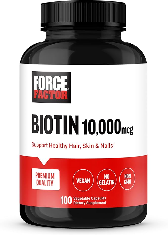FORCE FACTOR Biotin 10000mcg, Biotin Supplement for Healthier Hair, Skin, and Nails, Hair Growth Supplement with Biotin Vitamins, Vegan Biotin, Non-GMO, 100 Vegetable Capsules