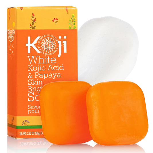 Koji White Kojic Acid & Papaya Skin Brightening Soap, Exfoliating Facial Bar, Radiant Skin, Rejuvenates, Moisturizer, Even Tone Cleansing Bar with Hyaluronic Acid, Vegan Soap, 2.82 oz (2 Bars)