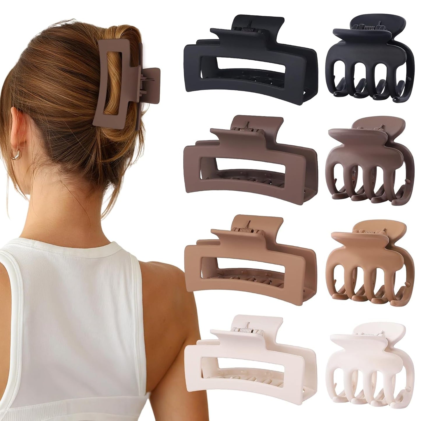 Medium Hair Clips for Women 8 Pcs Small Claw Clips for Thin and Thick Hair 2 Styles Hair Claw Clips Combination Rectangle Banana Jaw Hair Accessories for Women and Girls (Brown)