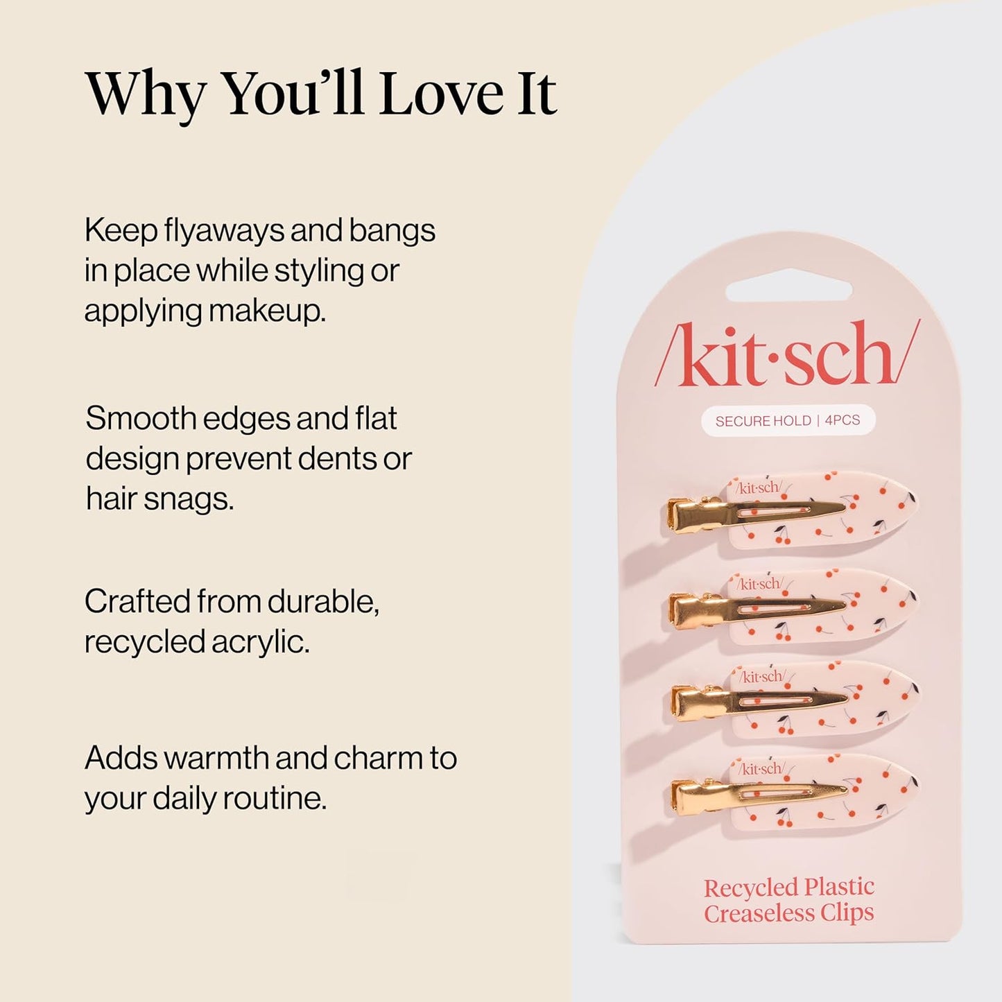 Kitsch Creaseless Hair Clips for Women - No Crease, No Bend Hair Clips for Styling, Bangs, Makeup Application, Face Wash - Recycled Acrylic - Cherry Print | Ideal Gifts for Women, 4pcs