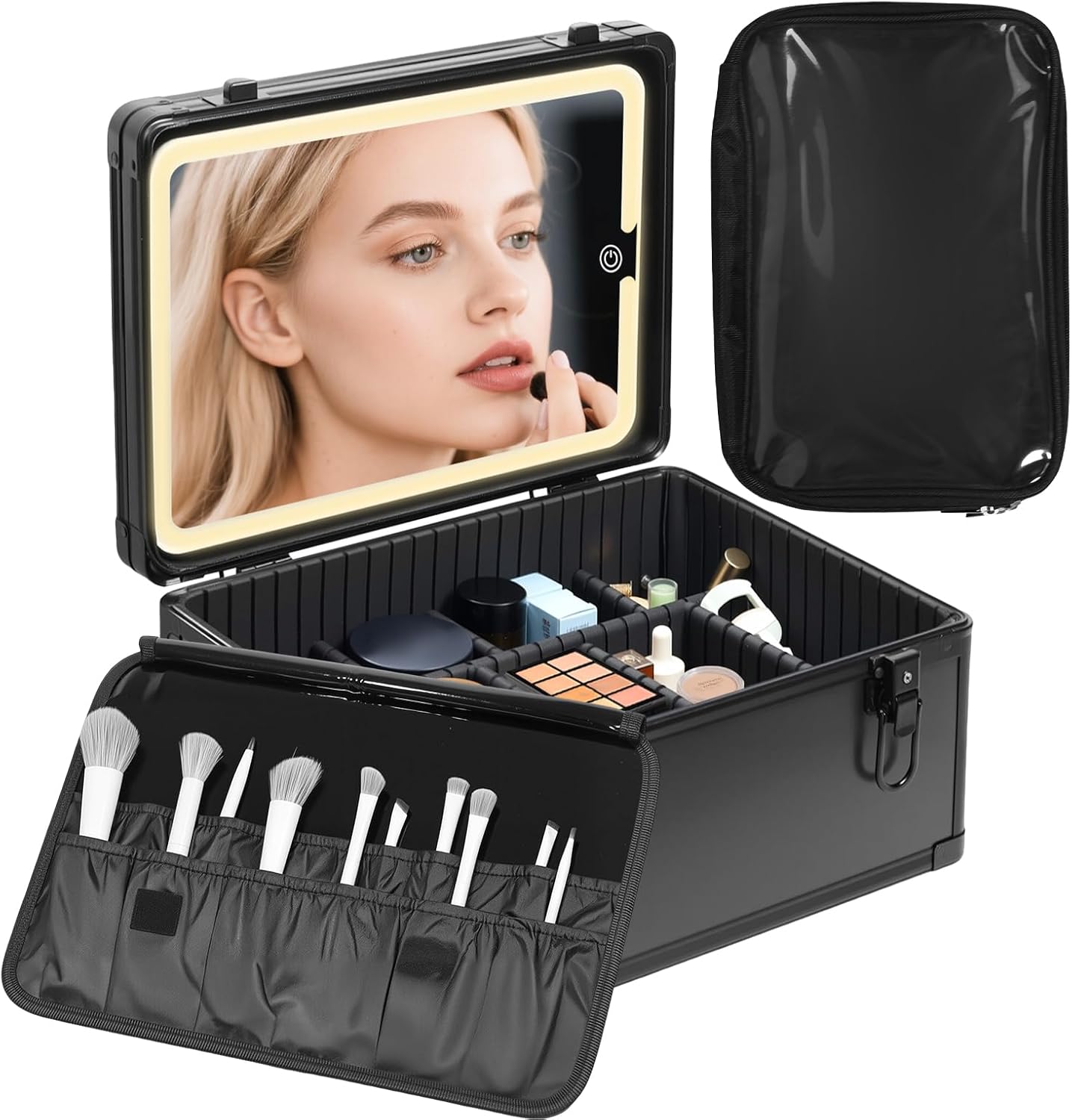 CHENGLIN Makeup Case with Lighted Mirror – Waterproof Travel Train Case, Cosmetic Organizer with Adjustable Dividers, Magnetic LED Mirror, Portable Makeup Suitcase for Women, Black