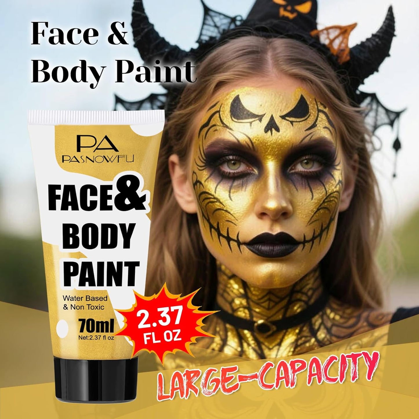 Gold Face Paint 70ml - Royal Gold Water-Based Body Paint for Creative SFX Makeup - Non-Toxic High-Pigment Face Body Paint for Adults Halloween SFX Cosplay Makeup, Theater, Stage shows
