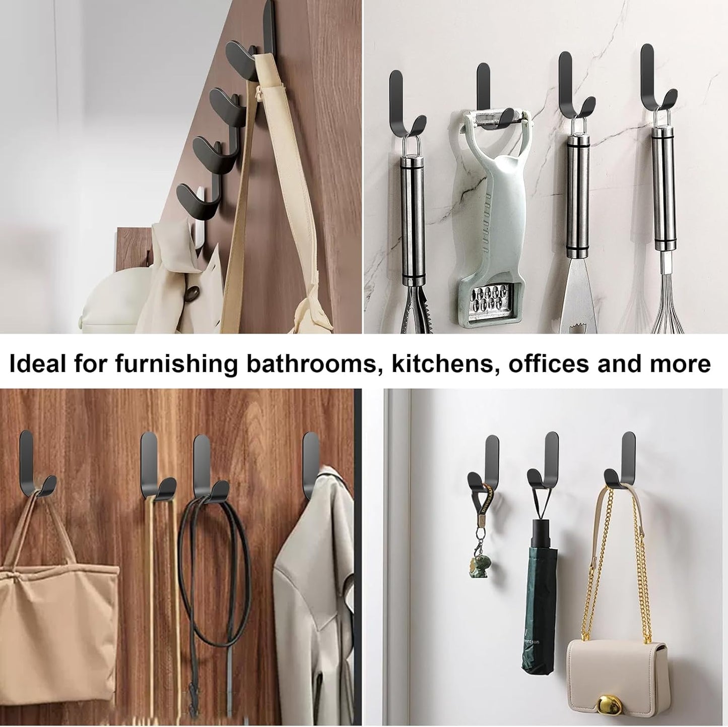 Adhesive Towel Hooks, 20 PCS Stainless Steel Self Adhesive Wall Hooks, Black Heavy Duty Shower Hook, Waterproof Oilproof Rustproof for Bathroom, Kitchen, Living Room