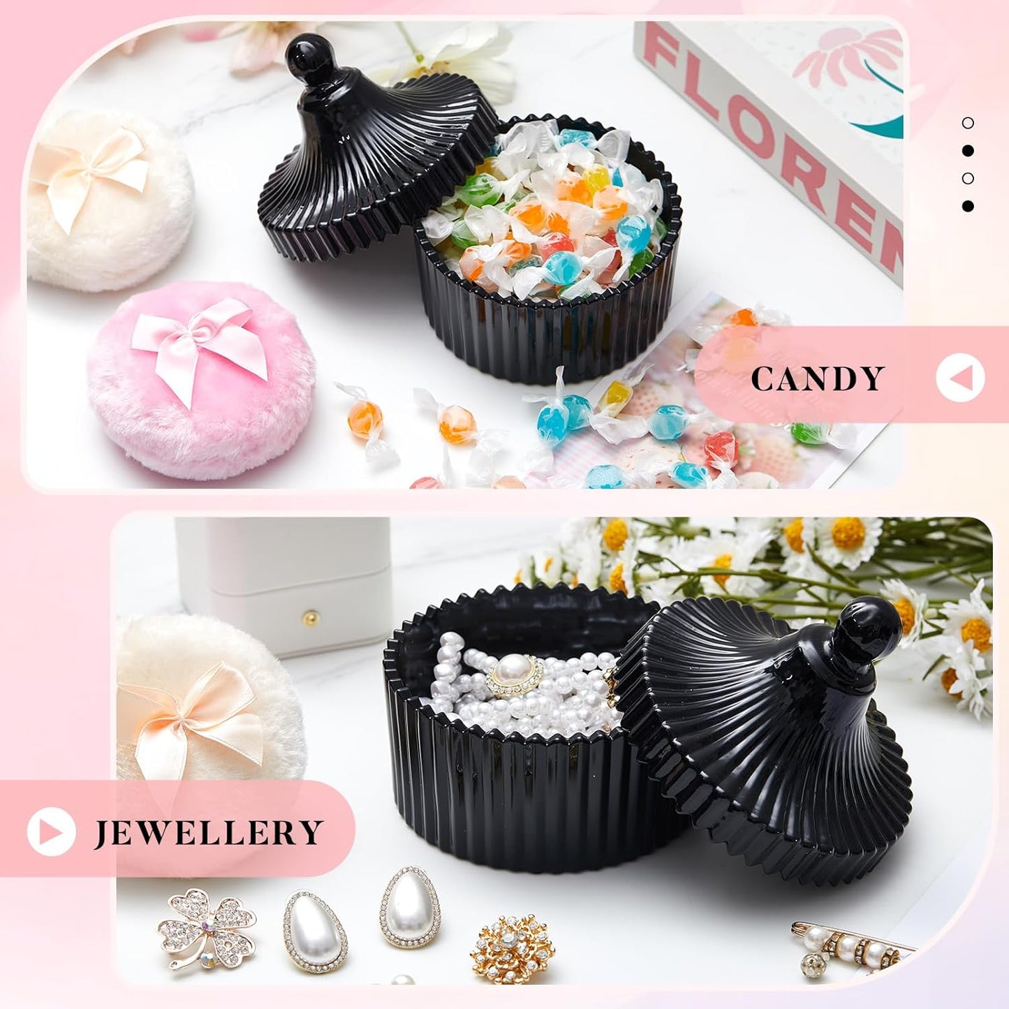 Tioncy 3 Pcs Large Body Powder Puff and Container Crystal Container Soft Washable Reusable Velour Face Body Glitter Powder Puff Wet Dry Makeup Simple Style (Black)