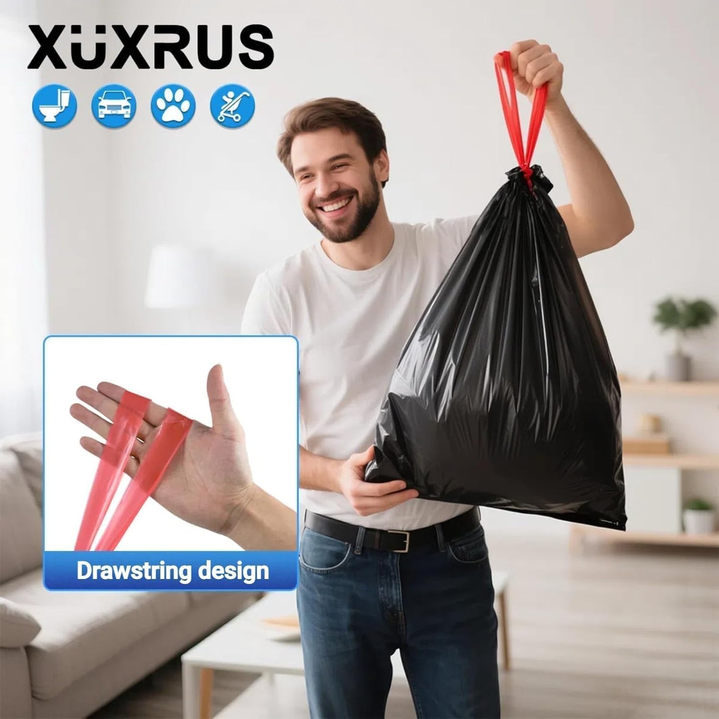 XUXRUS 2.6 Gallon Black Bathroom Drawstring Trash Bags - 60 Count Folded Small Garbage Bags, Tear-Resistant & Leak-Proof, Odor Control Liners for Bathroom, Kitchen, Office – Heavy Duty Trash Bags