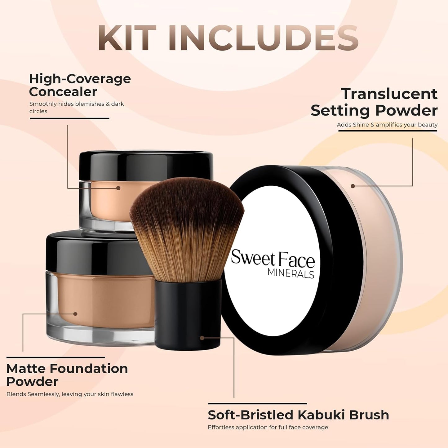 4pc Full Size Kit (Cocoa) Mineral Makeup Matte Translucent Loose Foundation + Kabuki Brush + Concealer + Finishing Setting Powder + Bare Face Full Coverage SPF 30 All Skin Types Waterproof