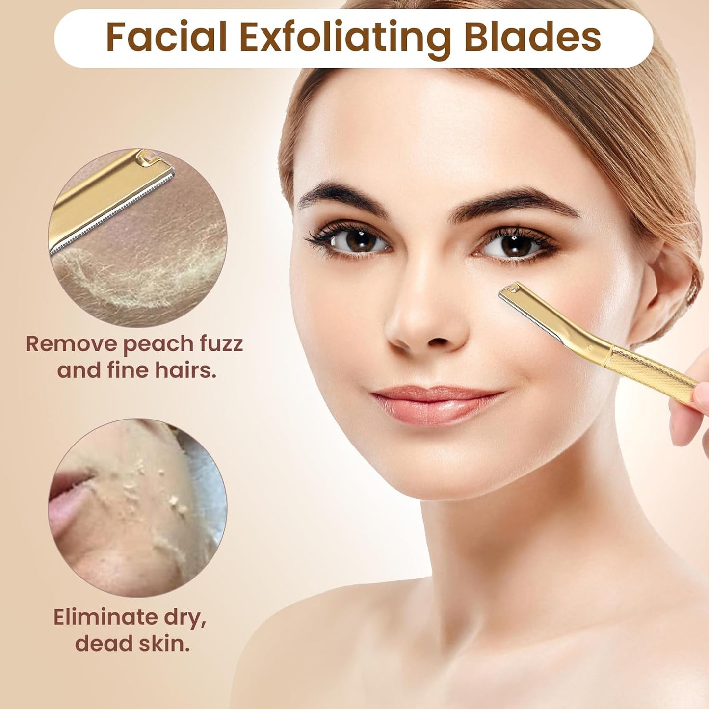 Dermaplaning Tool for Face, Dermaplane Razor for Peach Fuzz with Metal Grip, Professional Eyebrow Razor for Women, Facial Razor for Women Gold (12 Replaceable Blades)