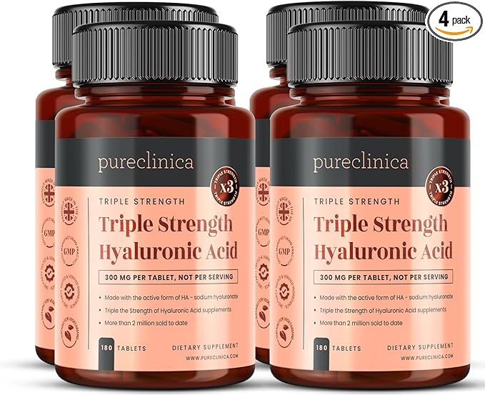 pureclinica Triple Strength Hyaluronic Acid 300mg x 720 Tablets (4 Bottles of 180) - 2 Years Supply