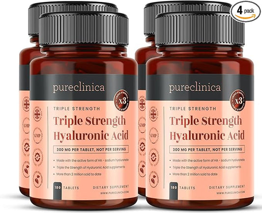 pureclinica Triple Strength Hyaluronic Acid 300mg x 720 Tablets (4 Bottles of 180) - 2 Years Supply