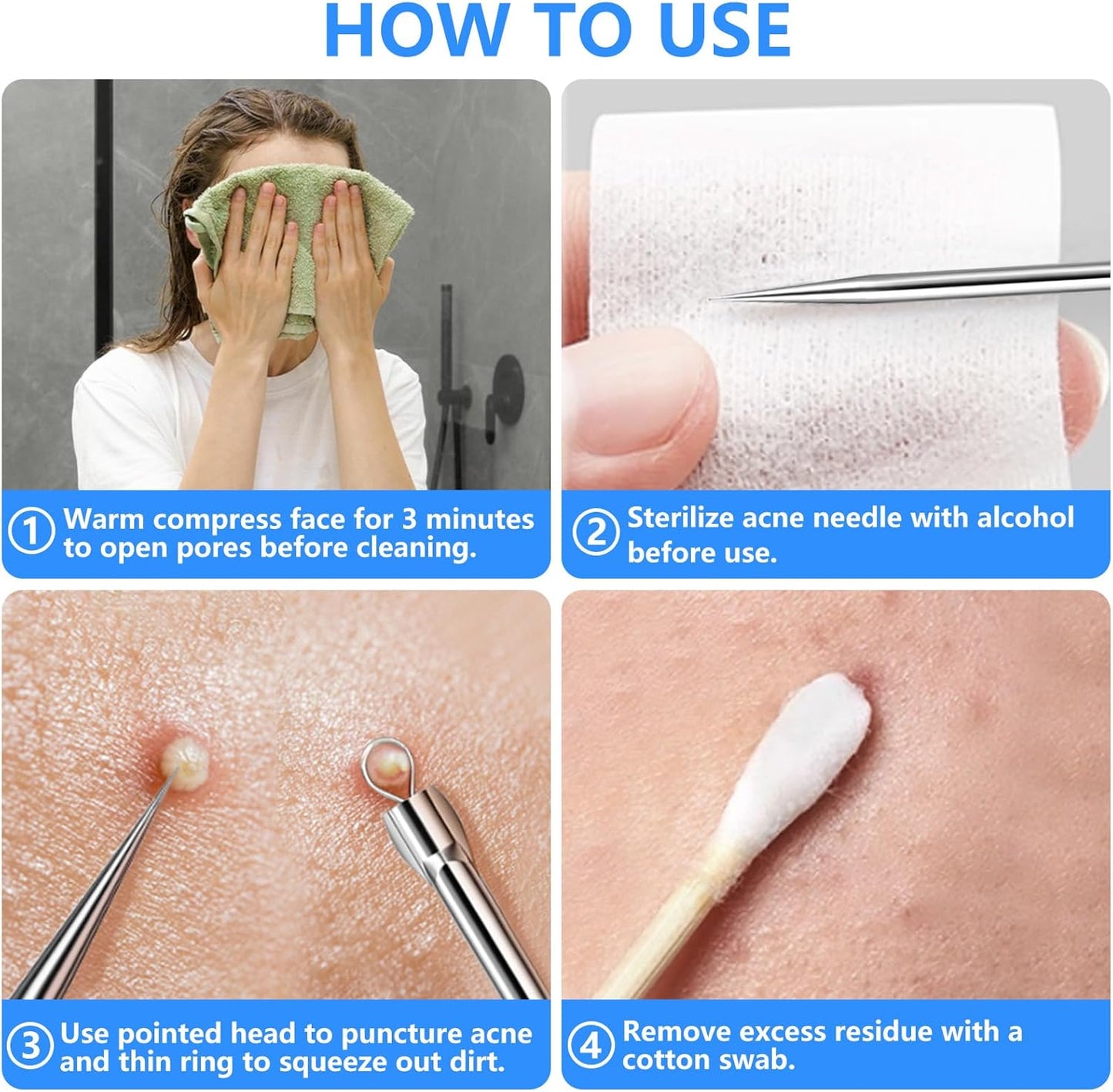 5PCS Blackhead Remover Comedone Extractor Kit - Professional Stainless Steel Tools for Pimple, Acne, and Blemish Removal - Curved Tweezers Included