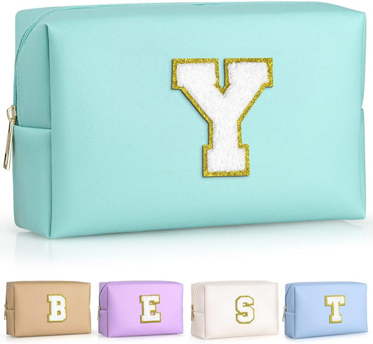 TOPEAST Preppy Makeup Bag, Small Cosmetic Travel Bags for Women, PU Leather Waterproof Toiletry Bag with Zipper, Personalized Birthday Gift for Women Girl, Preppy Gifts for Girl (Blue Y)