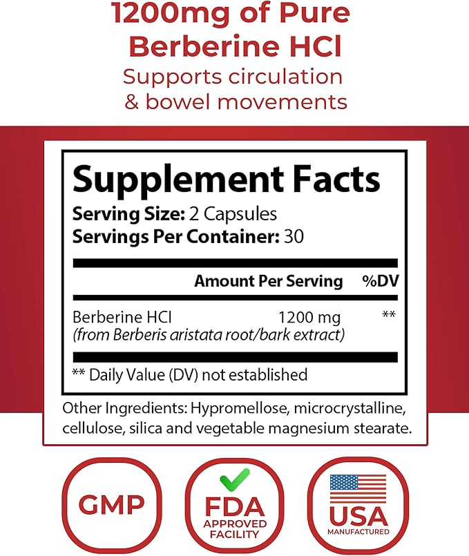 Elovate Berberine HCI Capsules, 1200mg - All-Natural, 3rd-Party-Tested, Non-GMO & Gluten-Free Berberine Supplement for Heart & Digestion, 60 Counts