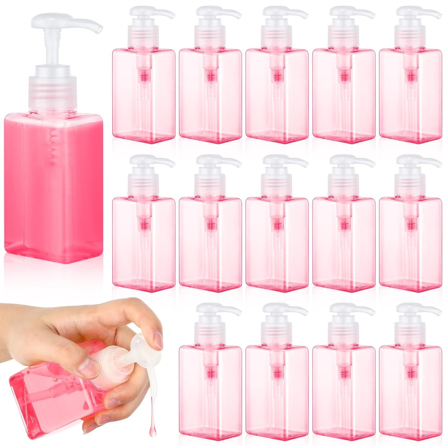 Domensi 12 Pcs 100ml /3.4 oz Pump Bottle Mini Travel Bottles Small Dispenser Containers Plastic Pump Lotion Dispenser Empty Square Travel Size Containers Toiletries (Transparent Pink)