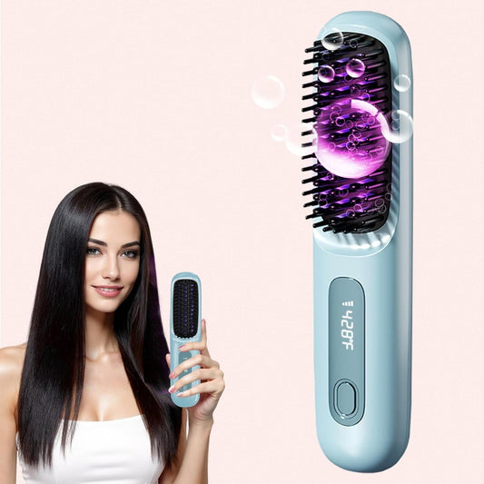 New Go Brush Pro 2025 Cordless Hair Straightener Brush - 20s Fast Heat Up, 50 Min Runtime, 199M Frizz-Fighting Ions, 4-Temp & LED, 3200mAh USB-C, Auto Shut-Off, Travel-Friendly (Blue)