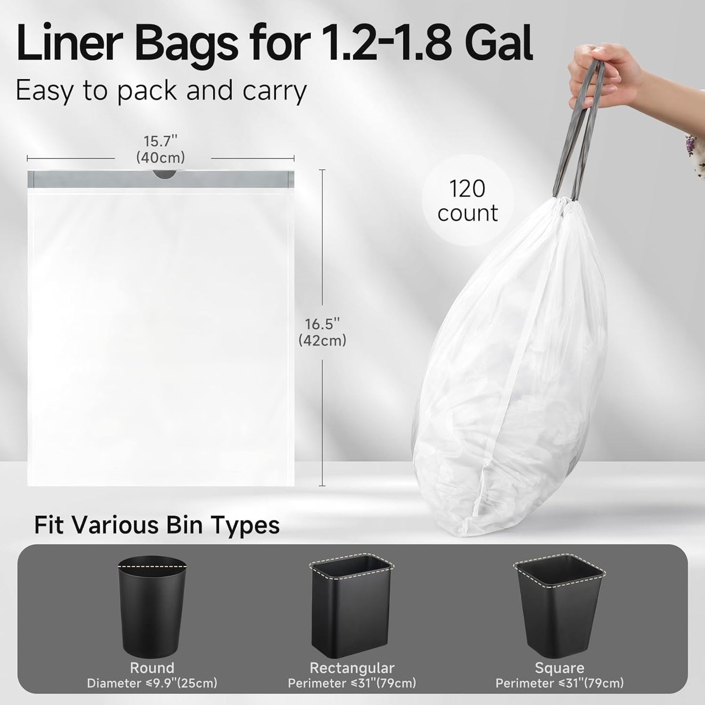 TIPGO Small Trash Bags Drawstring 1.6 Gallon, Pre-Cut Mini Garbage Bags for 1.2-1.8 Gallon Trash Bins, 120 Count (Code A)
