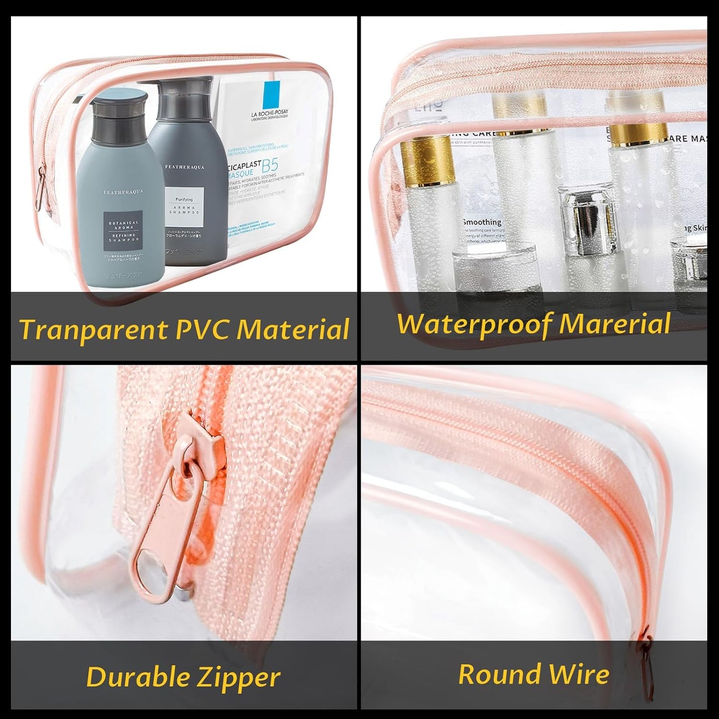 16 Pieces Clear Makeup Bags Bulk, TSA Approved Toiletry Bag for Travel, PVC Waterproof Travel Pouches Clear Pouch with Zipper for Men and Women Carry-on Travel Essentials Cosmetic Bags (Peach Pink-M)