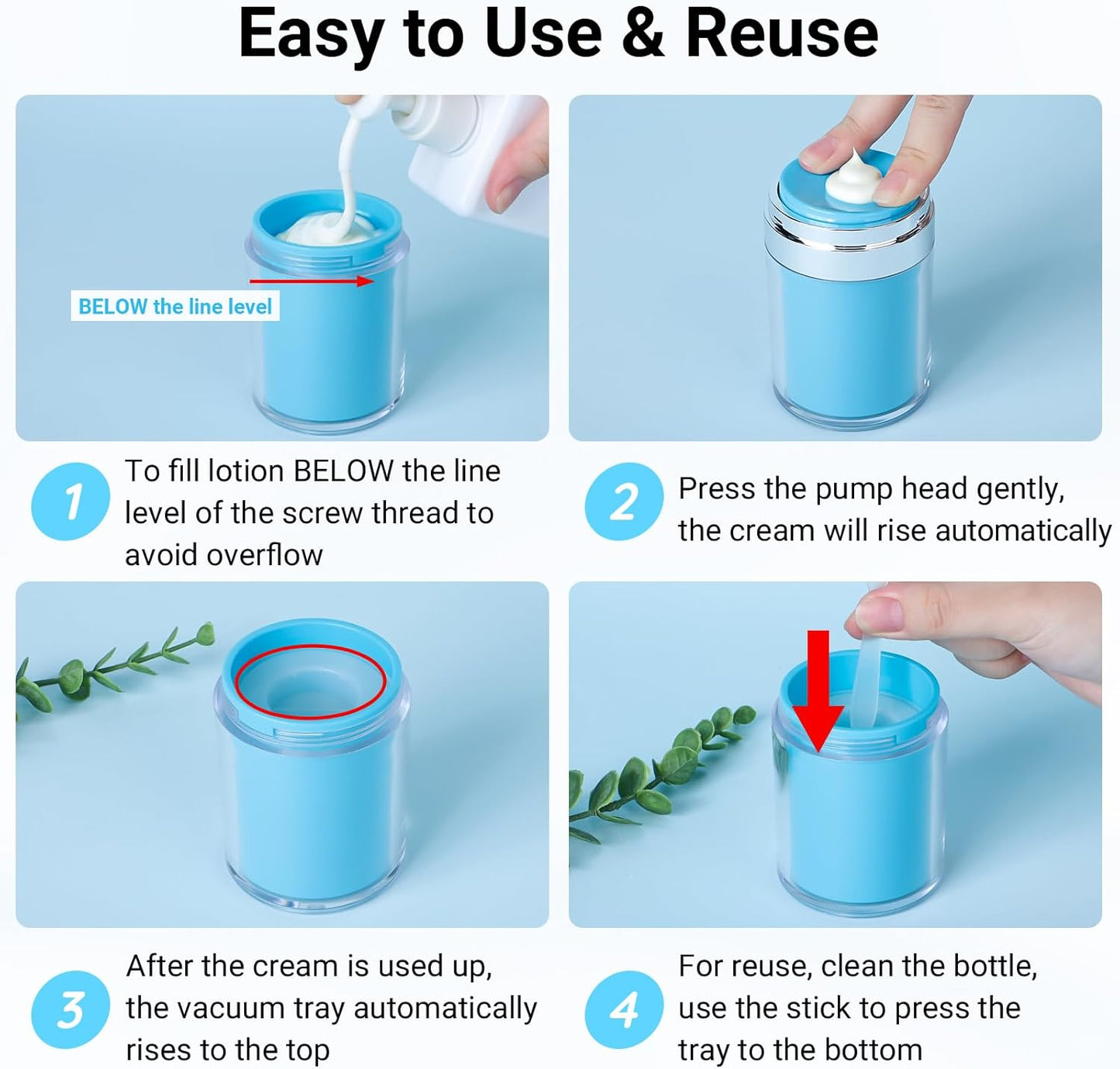 Segbeauty Airless Jar 3.4oz Travel Bottles for Toiletries, 3pcs Empty Plastic Travel Cream Jars with Lids, 100ml Blue Lotion Pump Bottles, Vacuum Skincare Cosmetic Containers Refillable Pump Dispenser